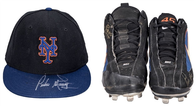 Lot of (2) Pedro Martinez Game Used & Signed New York Mets Cap & 2006 Cleats - Including Specially Modified Right Cleat (MLB Authenticated, Mets LOA, JT Sports, Beckett)
